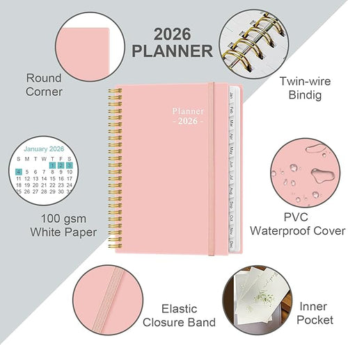 2026 Planner - Planner 2026 from January 2026 - December 2026, Weekly & Monthly Planner Spiral Bound with 12 Monthly Tabs, Inner Pocket, 6.4" x 8.5", Pink-E