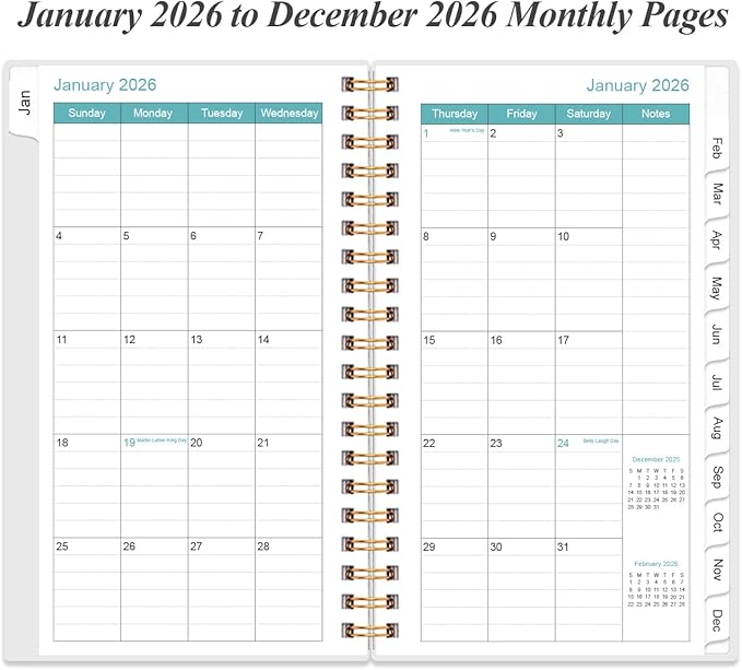 2026 Pocket Planner/Calendar - 2026 Planner from January 2026 - December 2026, Planner 2026 with 12 Tabs, Twin-Wire Binding, Inner Pocket, 3.75" x 6.75, Blue Leaf Flower