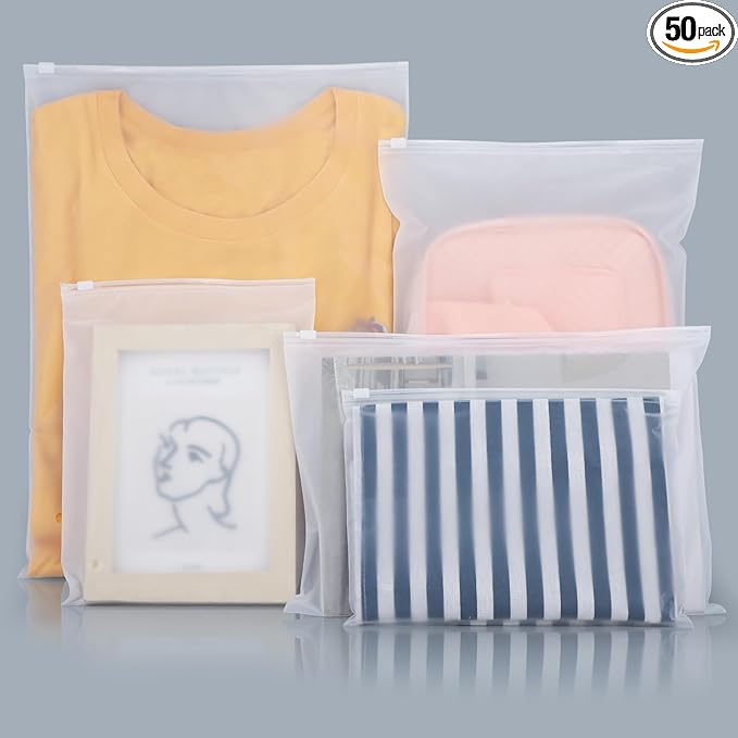 Svaldo Packaging Bags, 5 Sizes 12x16" 10x13" 8x10" 12x8" 10x7" Pack of 50, 3 Mil Thick Plastic Shipping Bags for Business Clothing Packing Craft & Hobby Storage, Frosted, with Vent Hole