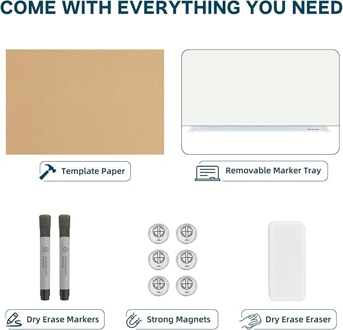 J&J worldwide Glass Dry Erase Board 8' x 4', Glass Whiteboard Magnetic, Large Frameless Glass White Boards for Walls, Includes Magnets, Marker Tray, Eraser for Office, Home, School