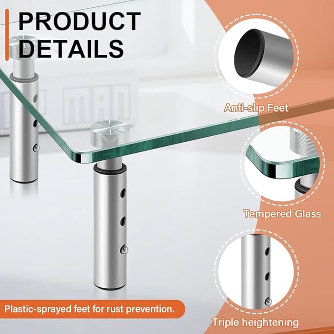 KKTONER GLASS Monitor Stand with Height Adjustable for Home Office 2 Pack Computer Monitor Riser PC Screen Riser for Desk Organzier Laptop