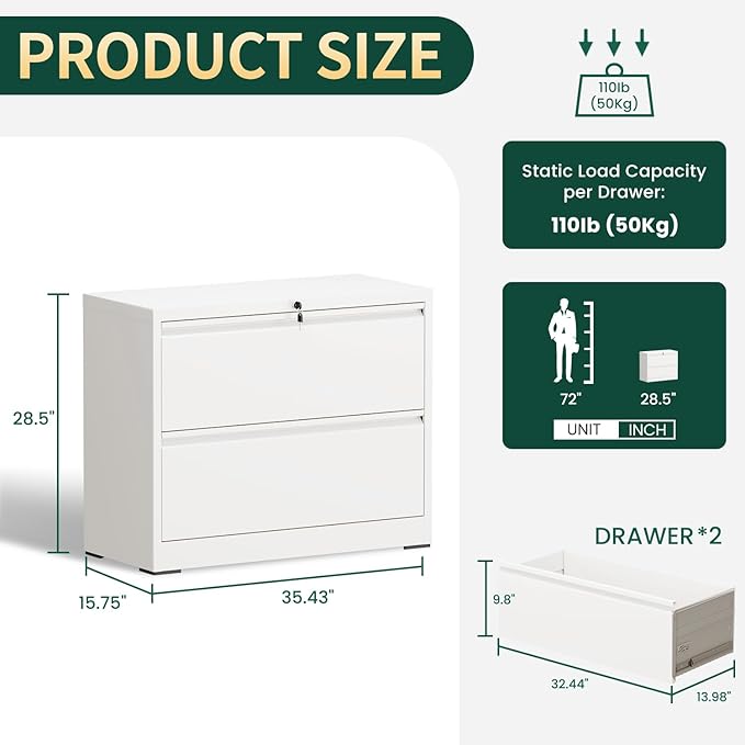 2 Drawer Lateral File Cabinet with Lock, Metal File Cabinets for Home Office, Office Furniture for Organization Hanging Legal/Letter/A4, Metal Filing Cabinet Storage Cabinet, Require Assembly, White