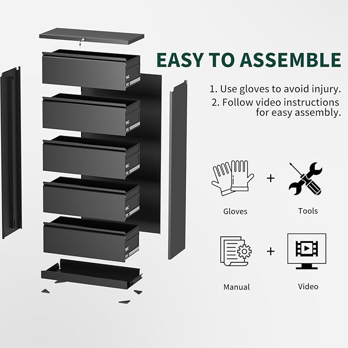 4 Drawer Lateral File Cabinet with Lock, Metal File Cabinets for Home Office, Office Furniture for Organization Hanging Legal/Letter/A4, Metal Filing Cabinet Storage Cabinet, Require Assembly, Black