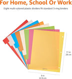 Amazon Basics 8-Tab Plastic Binder Divider with Multicolor Tab Label for 3 Ring Binder, Letter Size, 48 Sets