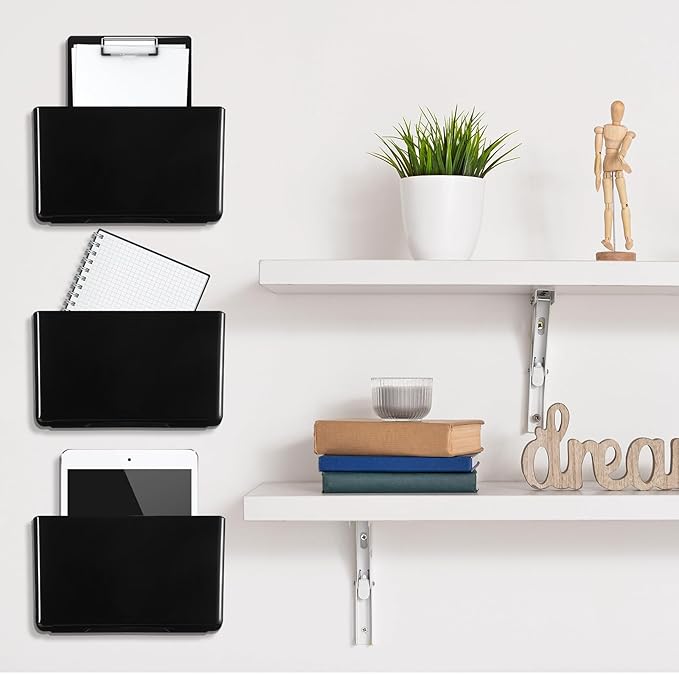 Tenceur 12 Pcs Plastic Single Pocket Wall Mount File Holder with Double Sided Adhesive Tape and Screws Wall File Hanging Folder Letter Paper Mail Organizer for Office Home Classroom(Black)