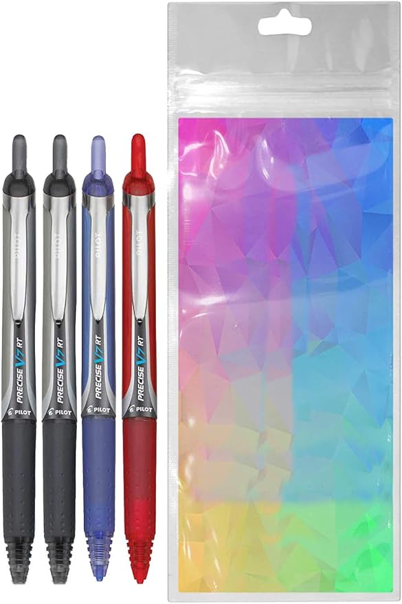 Precise V7 RT Retractable Rolling Ball Pens, Fine Point (.7mm), Assorted Colors Black/Blue/Red/Purple Ink, 4-pk; Premium Comfort Grip, Bundle with Plastic Reusable Pouch