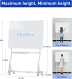 Mobile Glass Whiteboard, 48 x 36 inch Glass Board/w Height Adjustable, Large Portable Dry Erase Board with Stand and Wheels for Home, Office,Classroom &School, White