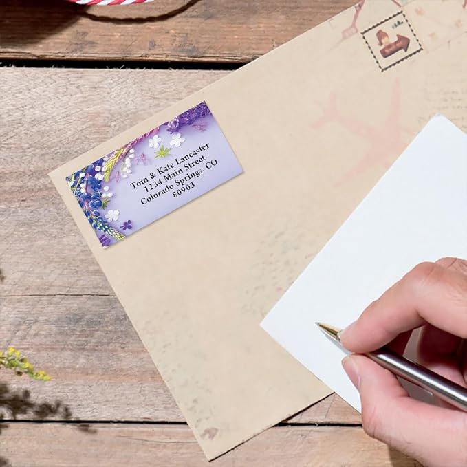 Colorful Images Draped in Purple Floral Return Address Mailing Labels, Personalize with Name & Address, Set of 144 Self Adhesive, Easy Peel Flat Label Sheets, Large, 4 Designs