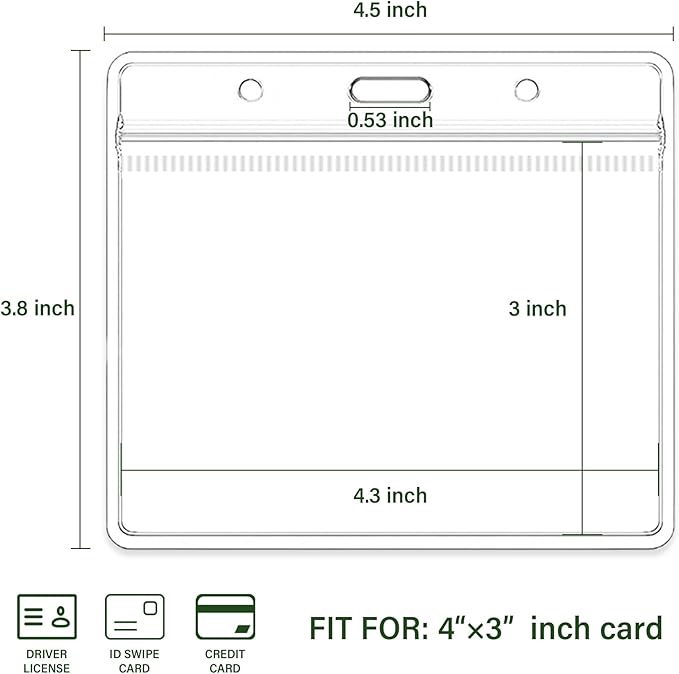 4x3 Inches Horizontal Badge Holder, Clear ID Card Holder with Waterproof Resealable Zip Type Protector, Badge Sleeve Fits Name Tag Holder/RFID/Proximity/Credit Card (200pcs-Horizontal)