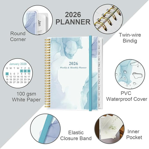 2026 Planner - Planner 2026 from January 2026 to December 2026 with 12 Monthly Tabs, Flexible Cover, Inner Pocket, 8.5" x 11", Blue Watercolor