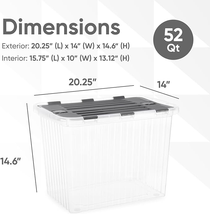 Superio Storage Bins with Lids, Clear Plastic Containers for Organizing, Stackable Totes, BPA Free, Odor Free, Organizer Boxes for Home, and Dorm, 53 Quart (2 Pack, 20.25"x14"x14.6")
