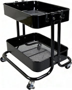 LiWNYRK 2 Tier Cart with Wheels Heavy Duty Metal Rolling Storage Cart for Under Desk Storage, Short Small Utility Shelf for Pantry Kitchen Bathroom Laundry, Home Organizer with Large Basket, Black