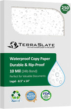 TerraSlate Printable Waterproof Paper for Laser Printer, 10 MIL 8.5" x 14", 250 Sheets, Matte White Printer Paper, Rip-Resistant, Weather/Rain Proof Copy Paper
