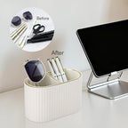 KINGFOM PU Leather Desk Organizer Pen Holder – Dual-Compartment Stylish Pencil Cup Remote Control Holder Desktop Supplies and Accessories Organizer Caddy for Office Home School (Light Beige)