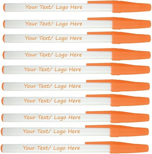 Personalized Stick Pens With your Custom Logo or Text-500 Pack Bulk-for Businesses, Parties, and Events, Custom Printed Slim Ballpoint Pens with Cap, Orange, Black Ink
