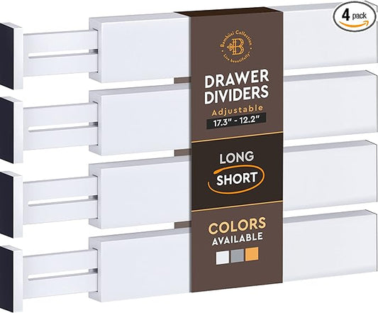 4 Pack Drawer Dividers Bamboo 2.6" High, 12.5"-17" Adjustable Drawer Organizers for Clothes, Expandable Dresser Separators in Bedroom/Bathroom/Kitchen/Office Organization and Storage (White)