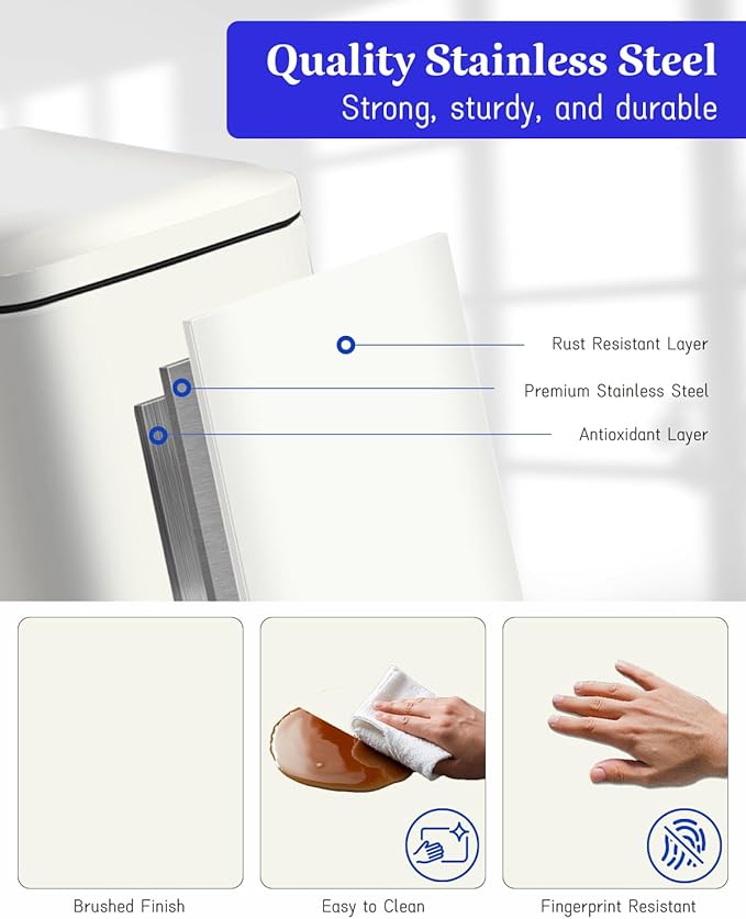 Kitchen Rubbish Bin, 30 L, Narrow Pedal Bin with Lid, Stainless Steel Kitchen Rubbish Bin with Inner Bucket, Rectangular Waste Bin for Kitchen, Bathroom, Bedroom, Office, White