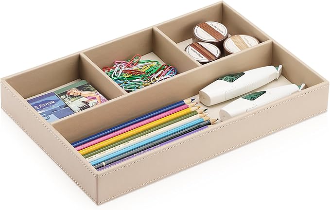 KINGFOM 4-Slot Leather Drawer Tray Desk Stationery Sundries Organizer Storage Box Pen Pencil Holder Case Container (Dark Beige)