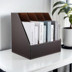 KINGFOM 4-Slot Wood Leather Document Files Holder Rack Stand Desk Files Organizer Papers Collection Cabinet (4 slot brown)