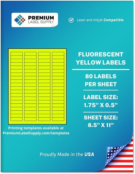 Premium Label Supply Bright Neon Color Fluorescent Sticker Labels - 1.75" x 0.5" Return Address Labels - (Fluorescent Yellow, 2000 Labels)