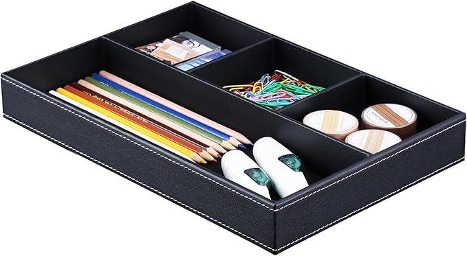 KINGFOM Pu Leather Desk Organizer Tray, 4 Compartment Office Storage Supplies Stationery Drawer Tray, Nightstand Bedside Tray for Key, Wallet, Sunglass, Watch, Coin, Phone Valet Tray Stackable Black