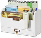 Flexzion 3 Tier Wooden Desk Organizer - Country Rustic Mail Organizer Countertop Compartments Slot File Tray Pencil Sorter Shelf Holder Accessories Set with Storage Drawer for Home Office, Beige Wood