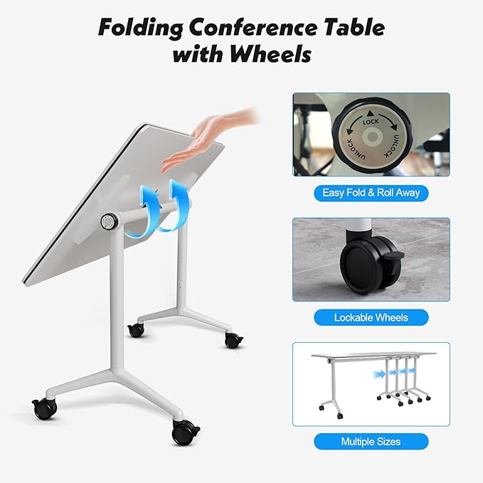 Goakwwuz Conference Room Table, Folding Conference Tables,Thicken Grey Tabletop,Flip Top Wooden Seminar Meeting Room Table for Conference Room Offices (6, White, 47.2“)