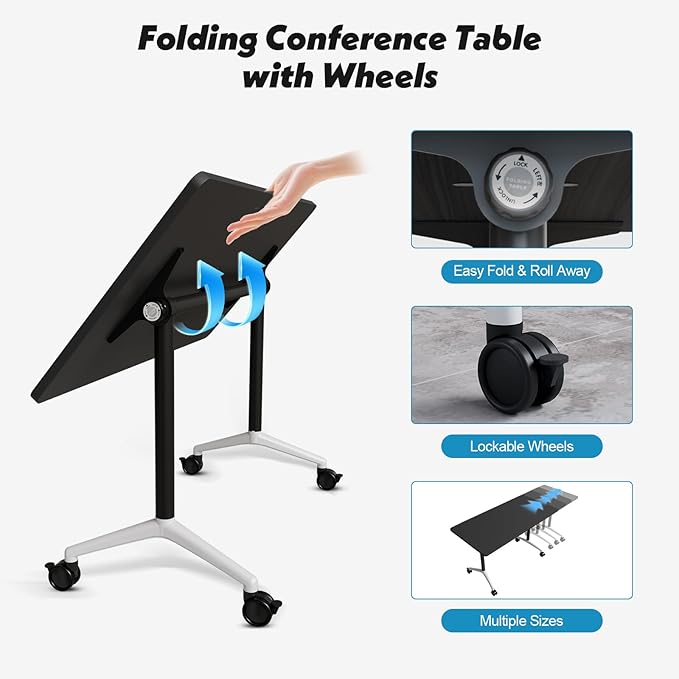Goakwwuz Conference Room Table, Folding Conference Tables,Thicken Grey Tabletop,Flip Top Wooden Seminar Meeting Room Table for Conference Room Offices (2, Black, 61.0“)