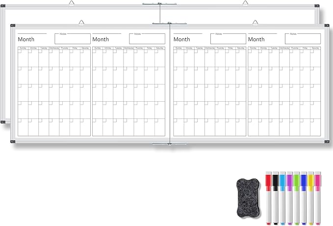 Lincia 48" x 18" Magnetic Horizontal 4 Month Dry Erase Calendar for Wall Undated Dry Erase Planner Aluminum Frame Whiteboard Calendar for Home School Office Projects Wall Fridge
