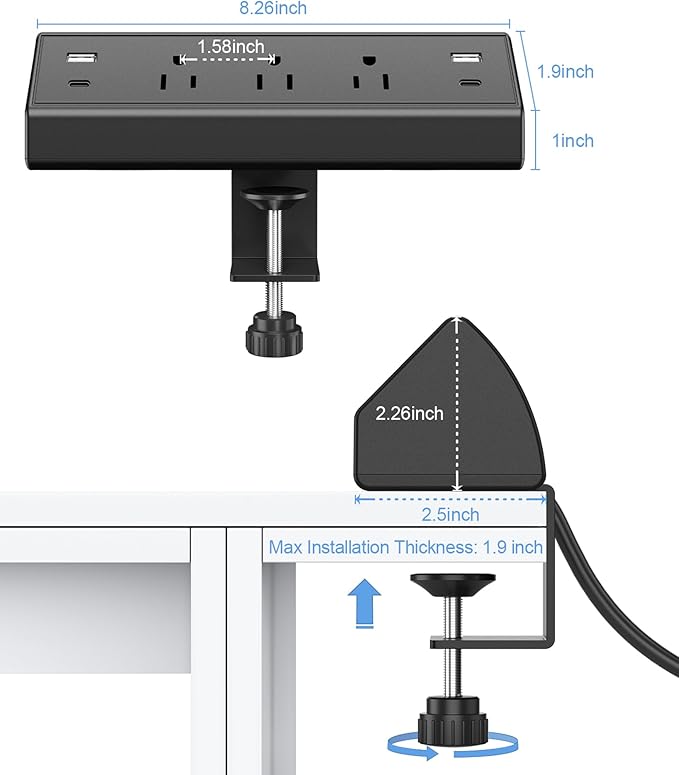 Desk Clamp Power Strip,40W Fast Charging Station,Desktop Mount Surge Protector,2 PD 20W USB C Ports,3 Outlets for Home,Office,Fit 1.9" Tabletop Edge (Black, 3 Outlets & 4 USB Ports & 25 FT Cable)