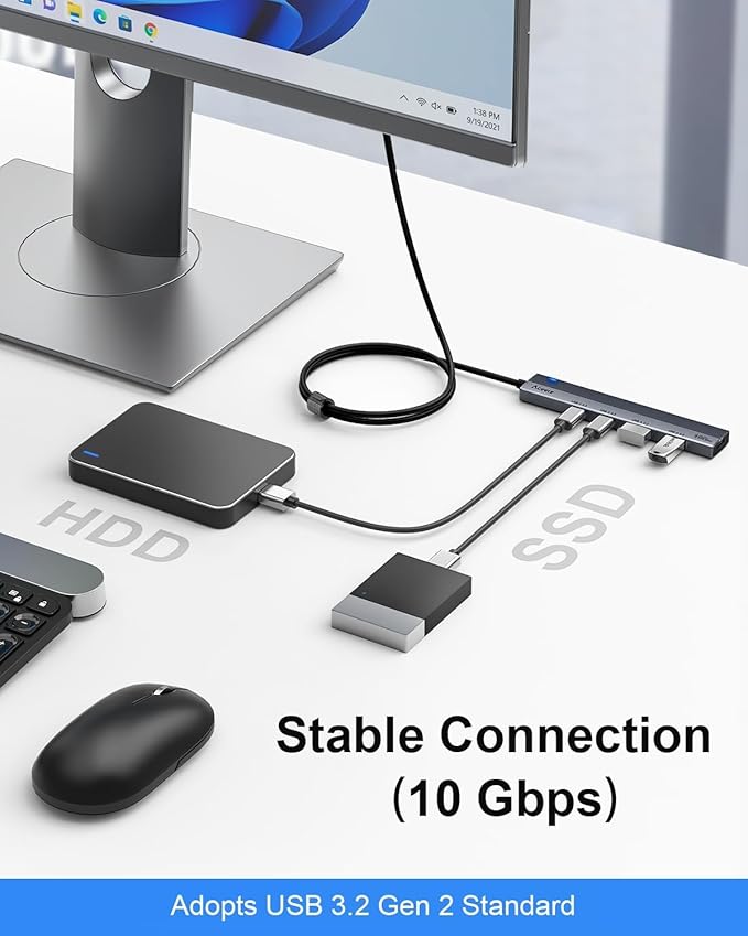 Aceele 10Gbps USB C Hub with 4 USB 3.2 Ports (2 USB A & 2 USB C), USB 3.2 Gen 2 3.3ft USB Cable Extender Hub with Type-C Power Port,Compatible for MacBook Pro 2021, iPad Pro 2021 and Other PC