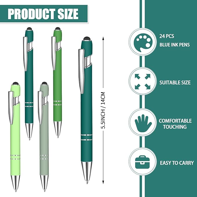 24 Pcs Blue Ink Ballpoint Pen with Stylus Tip 2 in 1 Ballpoint Pen 1.0 mm Blue Ink Metal Stylus Pen for Touch Screens Coworkers, Family, Colleagues, Office (Green)