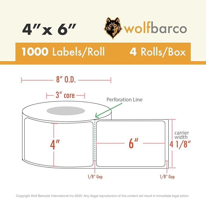 4" x 6" Direct Thermal Labels (4 Rolls, 4000 Labels) - 3'' Core, Perforations Between Labels - Zebra, Datamax, Godex, Sato, Intermec Compatible