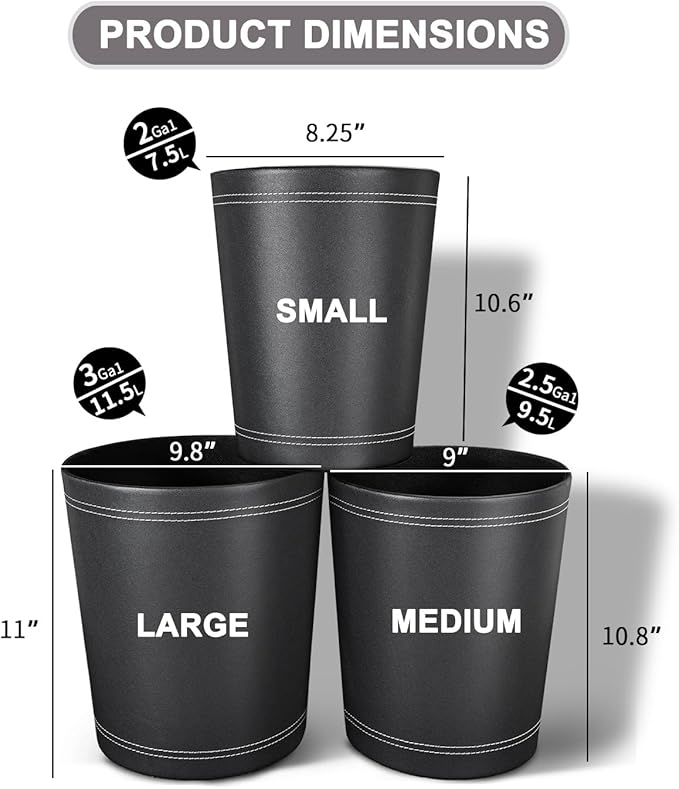 KINGFOM 3 Pack PU Leather Small Office Trash Can Wastebasket, Round Garbage Container Bin for Bathrooms, Powder Rooms, Kitchens, Home, Bedroom, High-Class Hotel, Black