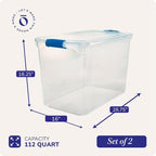 HOMZ 2-Pack Latching Lid, Clear Plastic Storage Organizer Bins, 112 Quart, Blue Latch - Stackable Organizing Containers for Home, Garage, and Office
