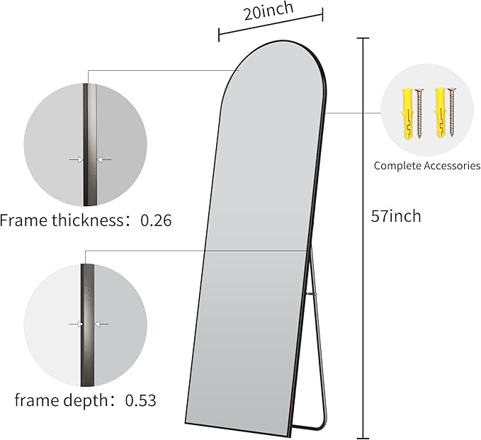 57" x 20" Arched Full Length Mirror - Wall Mounted/Floor Mirror Aluminum Alloy Frame Full Body Mirrors for Bathroom Living Room Bedroom and Entryway,Black