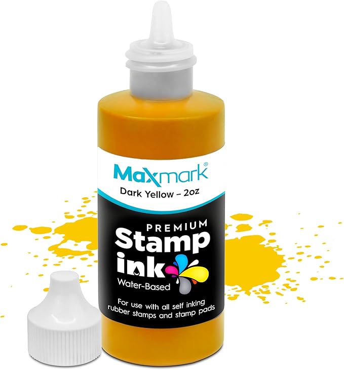 MaxMark Premium Refill Ink with Control Tip Bottle for Self-Inking Stamps, Dark Yellow Color - 2 oz.