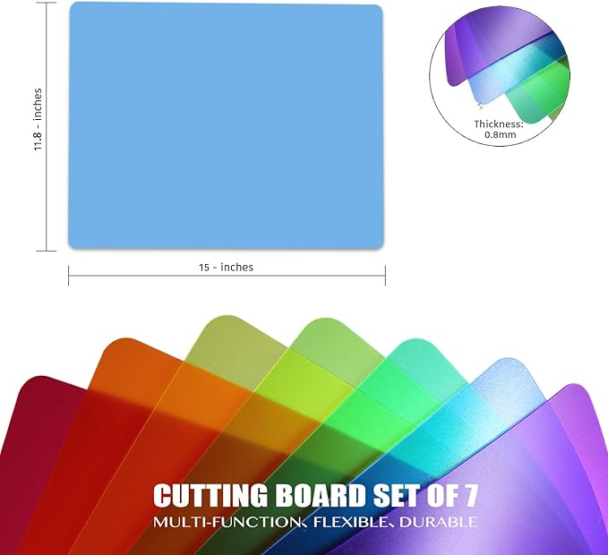 Fotouzy Plastic Cutting Boards for Kitchen, Flexible Cutting Mats Set of 7, BPA-Free, Non-Porous, Dishwasher Safe, 15x12 In, 7 Translucent Colors