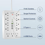 JouleLoom 2 Pack 6 FT Flat Plug Surge Protector Power Strip,11 Multiple AC Outlets with 6 USB Ports (2 USB C), 6 Feet Extension Cord, 1250W/10A, One Touch Switch Button, 17 in 1 Compact powerstrip