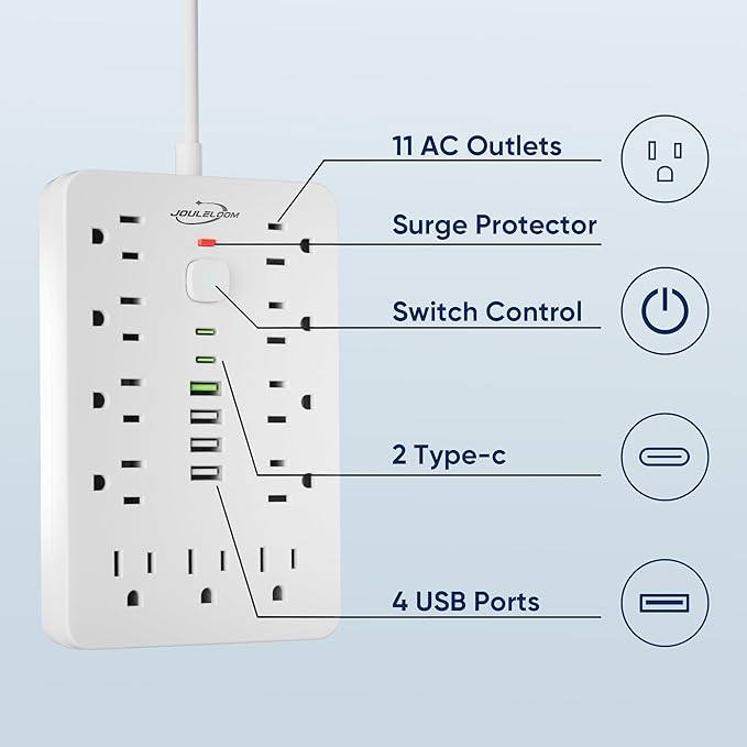 JouleLoom 15 FT Flat Plug Surge Protector Power Strip,11 Multiple AC Outlets with 6 USB Ports (2 USB C), 15 Feet Extension Cord, 1250W/10A, One Touch Switch Button, White