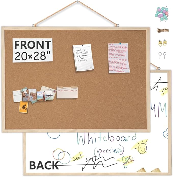 20” x 28” Cork Boards for Walls with Wooden Frame 1pack, Whiteboard and Cork Board Combo Double Sided Office Board for Wall Organizer, Bulletins Board Hanging Pin Board for School Home Office
