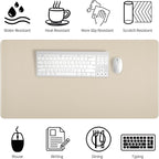 Beige Desk Mat with Stitched Edges, 31.5"×15.7" Keyboard Pad, Non-Slip Desk Protector Mat, Leather Desk Blotter, Waterproof Desk Pad for Office Home Decor