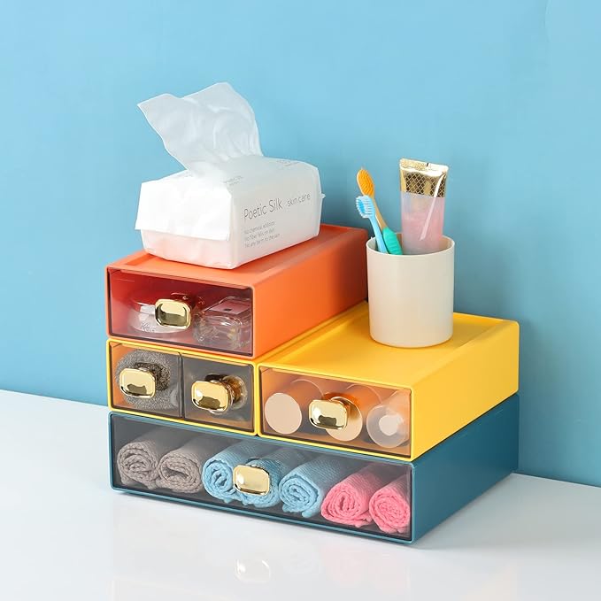 OSteed Spacious Desktop Storage Box, 1 Large 1 Middle & 2 Small Storage Drawers, Stackable Office Desk Drawer Organizer and Accessories, Printer Paper Organizer, Orange Plastic Drawers for Workspace