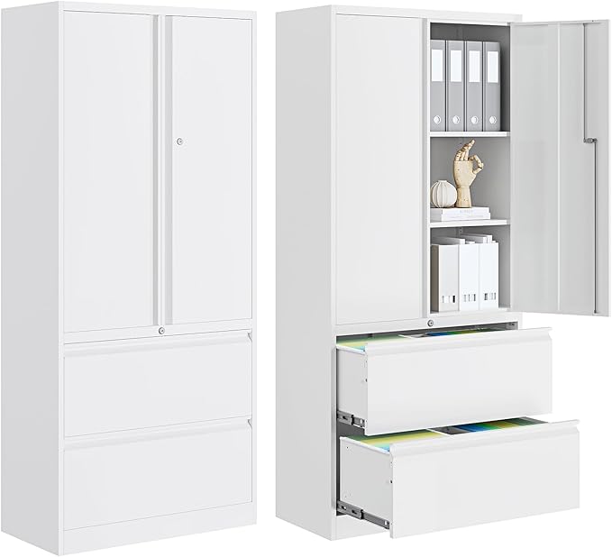 PEUKC 2-Drawer Metal File Cabinet, Lateral Vertical Filing Cabinets for Home Office, Locking File Cabinet with Storage Shelves, Legal/Letter/A4 Size (White, Assemble Required)