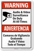 SmartSign 18 x 12 inch “Warning - Audio & Video Surveillance On Duty At All Times” Bilingual Sign, 63 mil Aluminum, 3M Laminated Engineer Grade Reflective Material, Red, Black and White, USA-Made