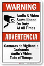 SmartSign 18 x 12 inch “Warning - Audio & Video Surveillance On Duty At All Times” Bilingual Sign, 63 mil Aluminum, 3M Laminated Engineer Grade Reflective Material, Red, Black and White, USA-Made