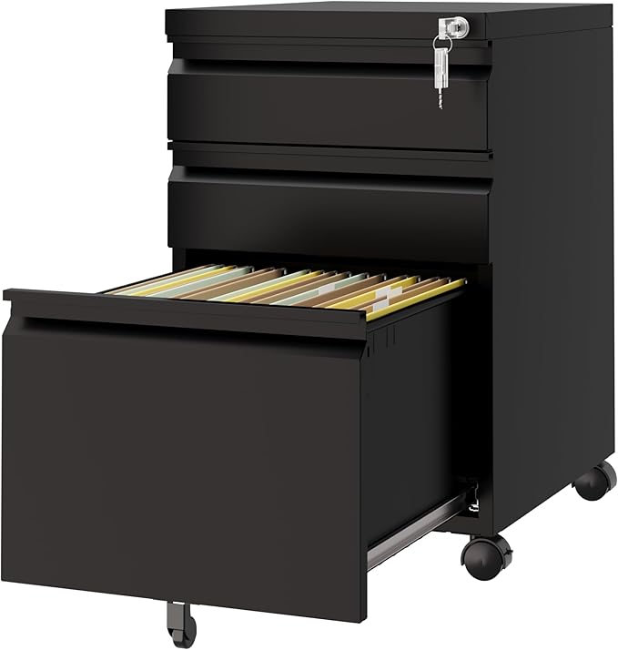 3 Drawer Mobile File Cabinet with Lock,Under Desk Storage Filing Cabinet for Home Office Fits A4 or Letter Size(Unassembled,Black)