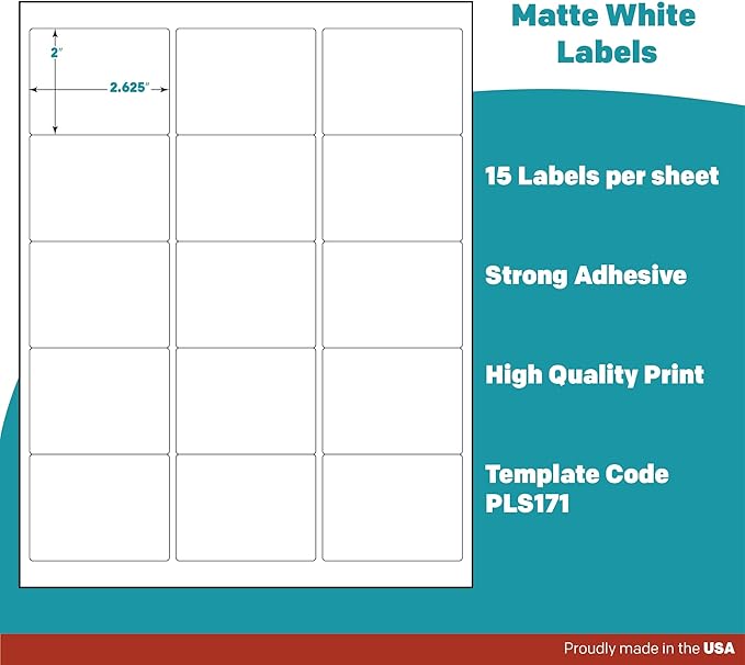 Premium Label Supply White Sticker Labels – 2.625" x 2" – Laser/Inkjet Compatible – (15 per Sheet), 2000 Sheets – 30,000 Total Adhesive Labels