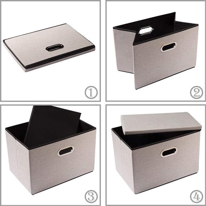 PRANDOM Foldable Storage Bin with Lid [5-Pack] Linen Fabric Decorative Storage Box Organizer Container Basket Cube with Handles Divider for Closet Office Living Room Light Grey(14.9x9.8x9.8)