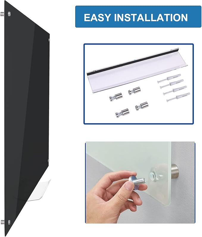 48" x 36" Magnetic Black Glass Board - Frameless Tempered Glass Dry Erase Blackboard with Marker Tray & Eraser, Premium Interactive Whiteboard- Frosted Surface for Office, Classroom, or Home